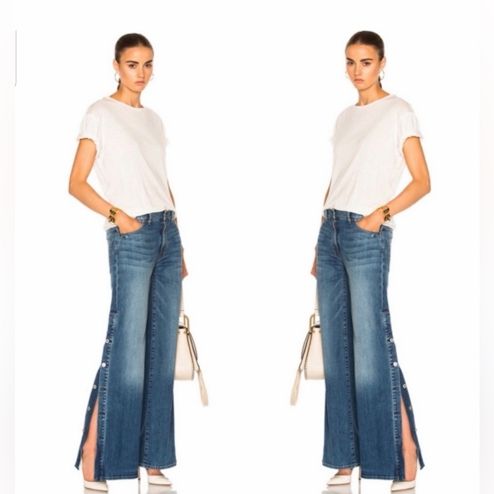 Nili Lotan Women’s Ena Jeans Mid Rise Wide Leg Button Down Side Slit 26 Raw Hem
